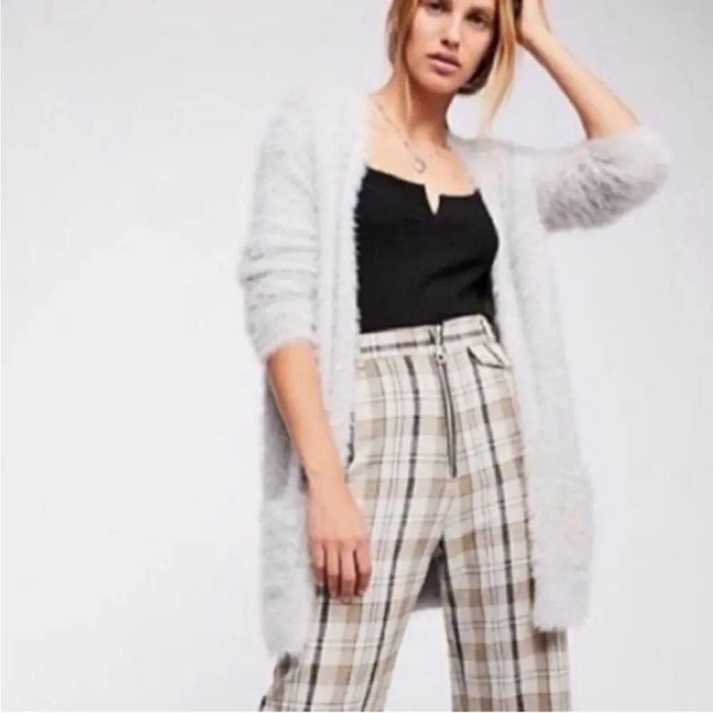 Free People Gray Fuzzy Faux Fur Open Style Cardigan Sweater